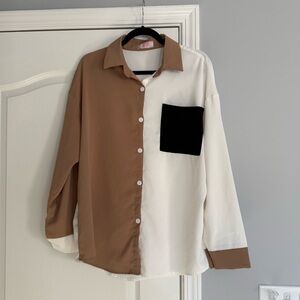 Tan/White/Black Colorblock Button-Up Shirt with Pocket